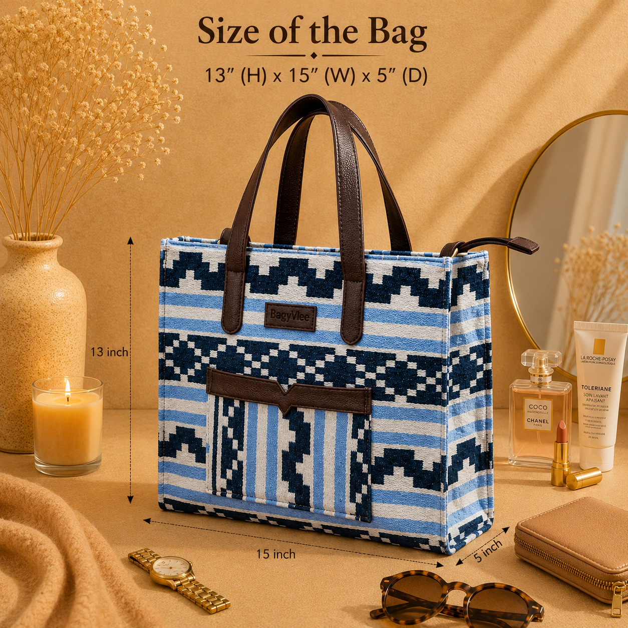 Blue Stripe Geometric Hand Bag For Women — image 5