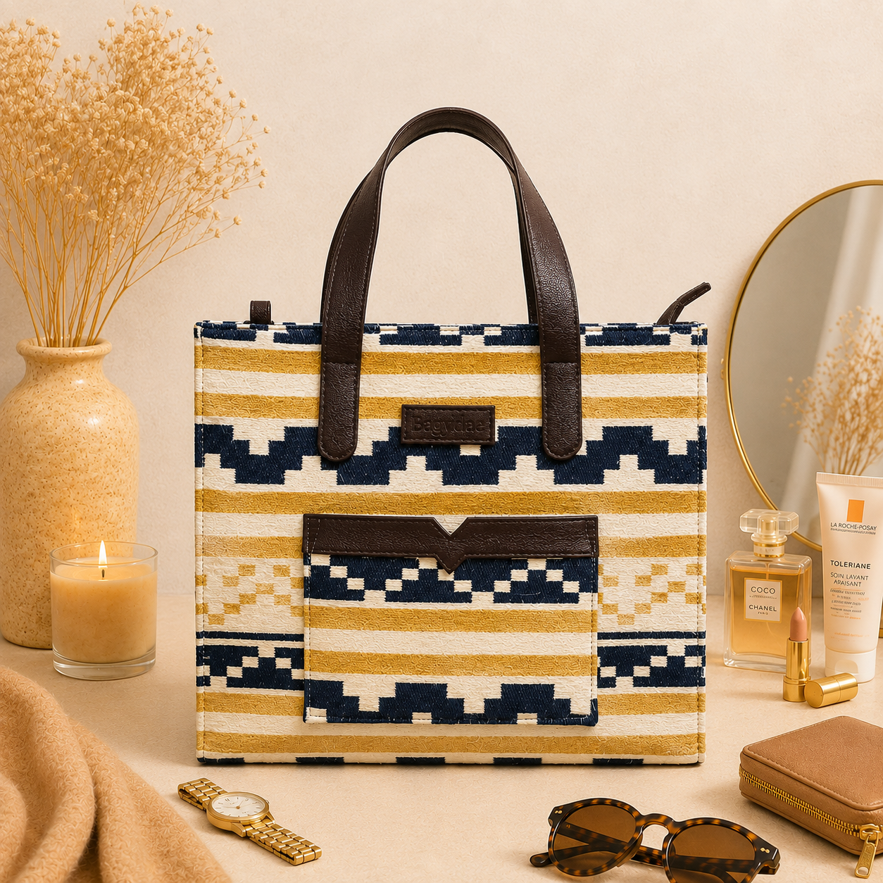 Yellow Stripe Geometric Hand Bag For Women — image 4