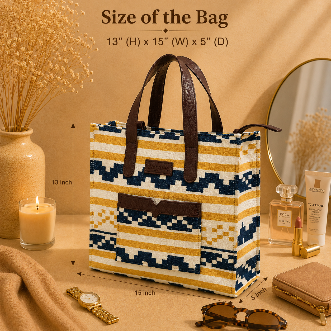 Yellow Stripe Geometric Hand Bag For Women — image 5