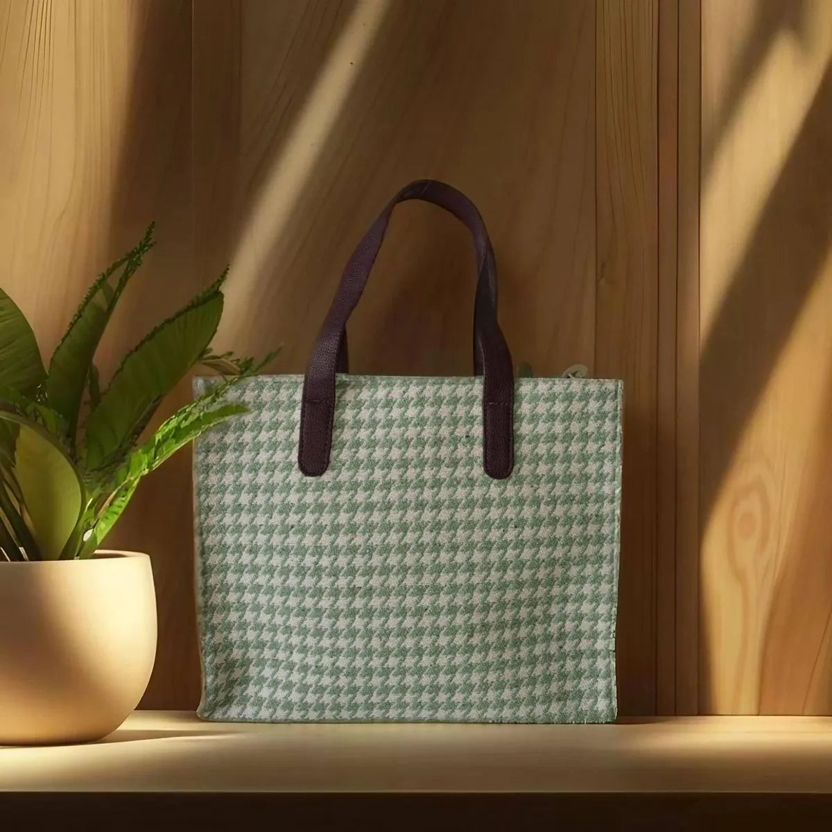 Green Premium Checks Patterned Hand Bag For Women