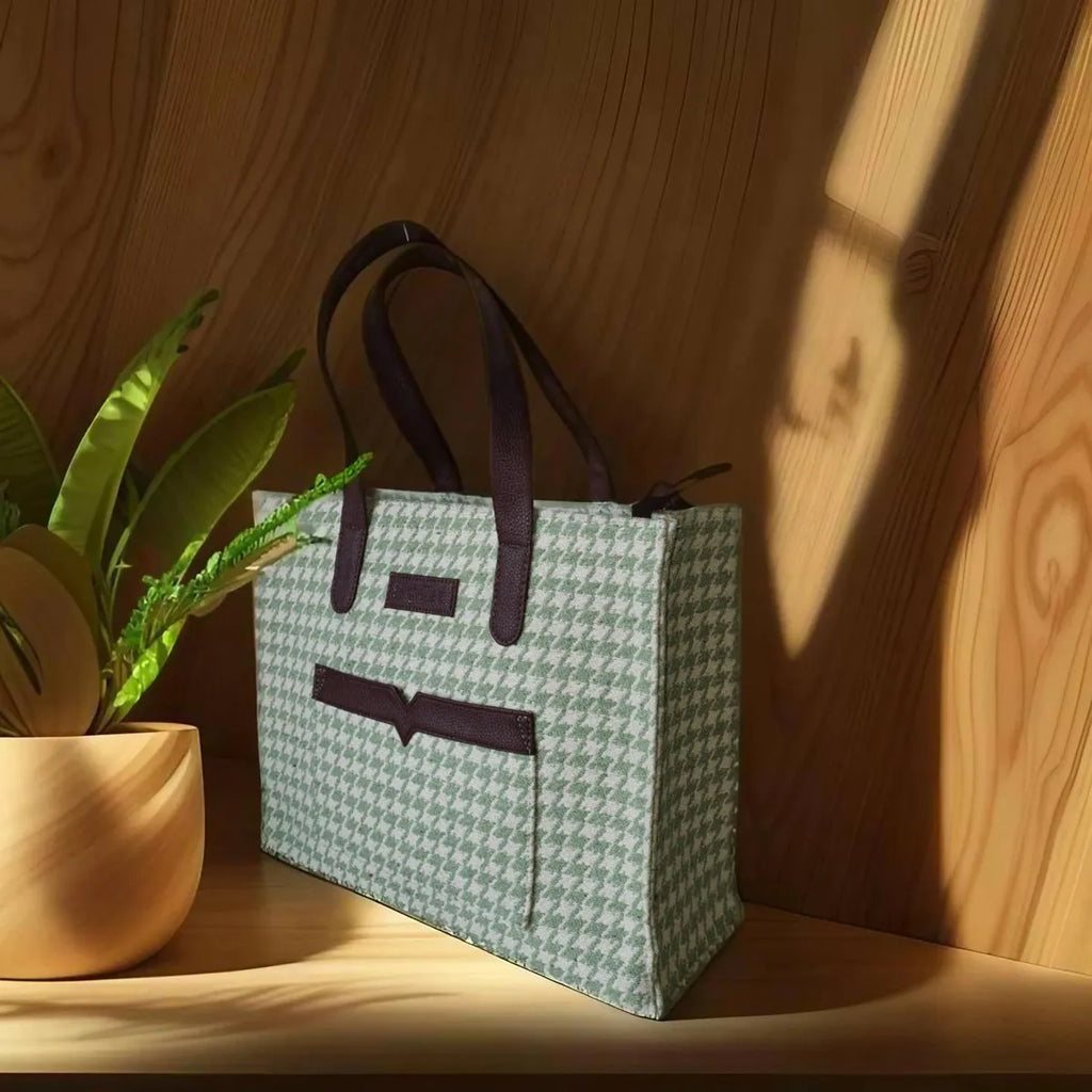 Green Premium Checks Patterned Hand Bag For Women