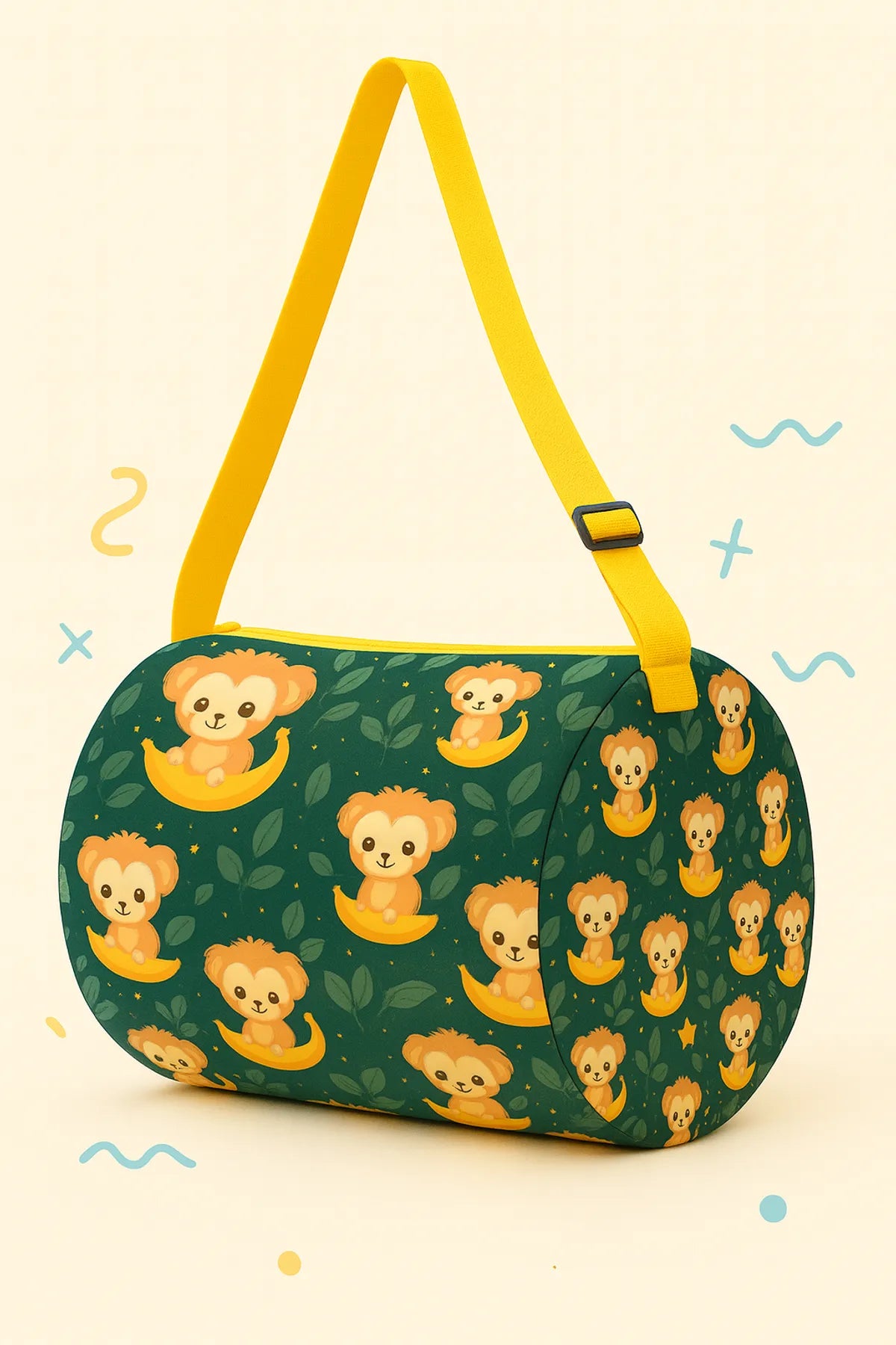 Kids Monkey Print Duffle Bag, Green and Yellow with Yellow Strap