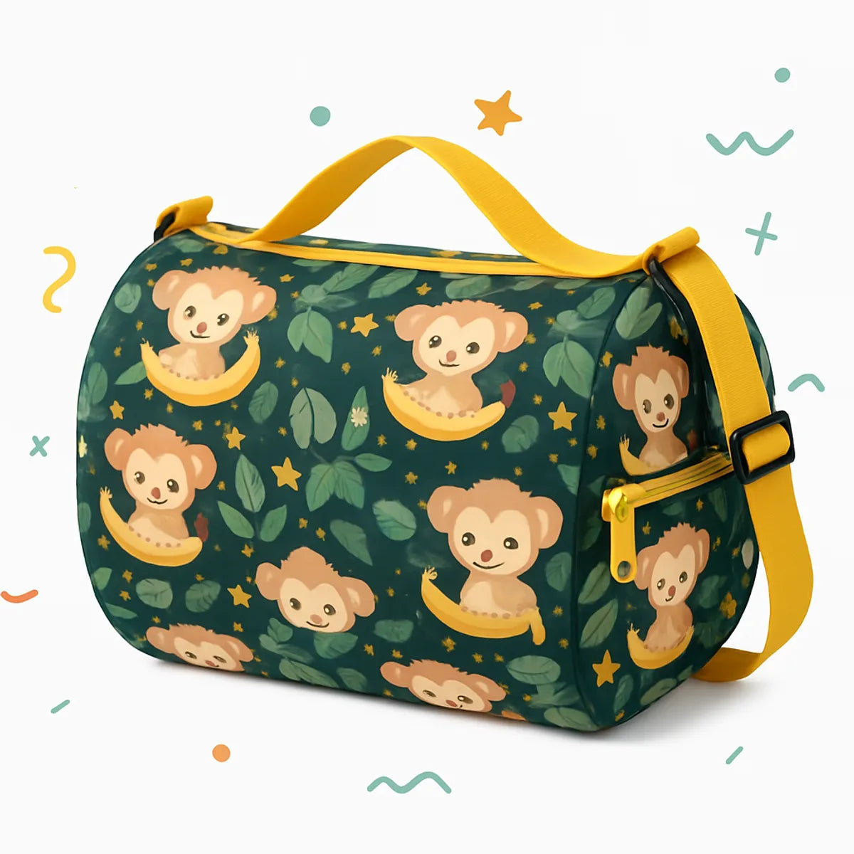Kids Monkey Print Duffle Bag, Green and Yellow with Yellow Strap