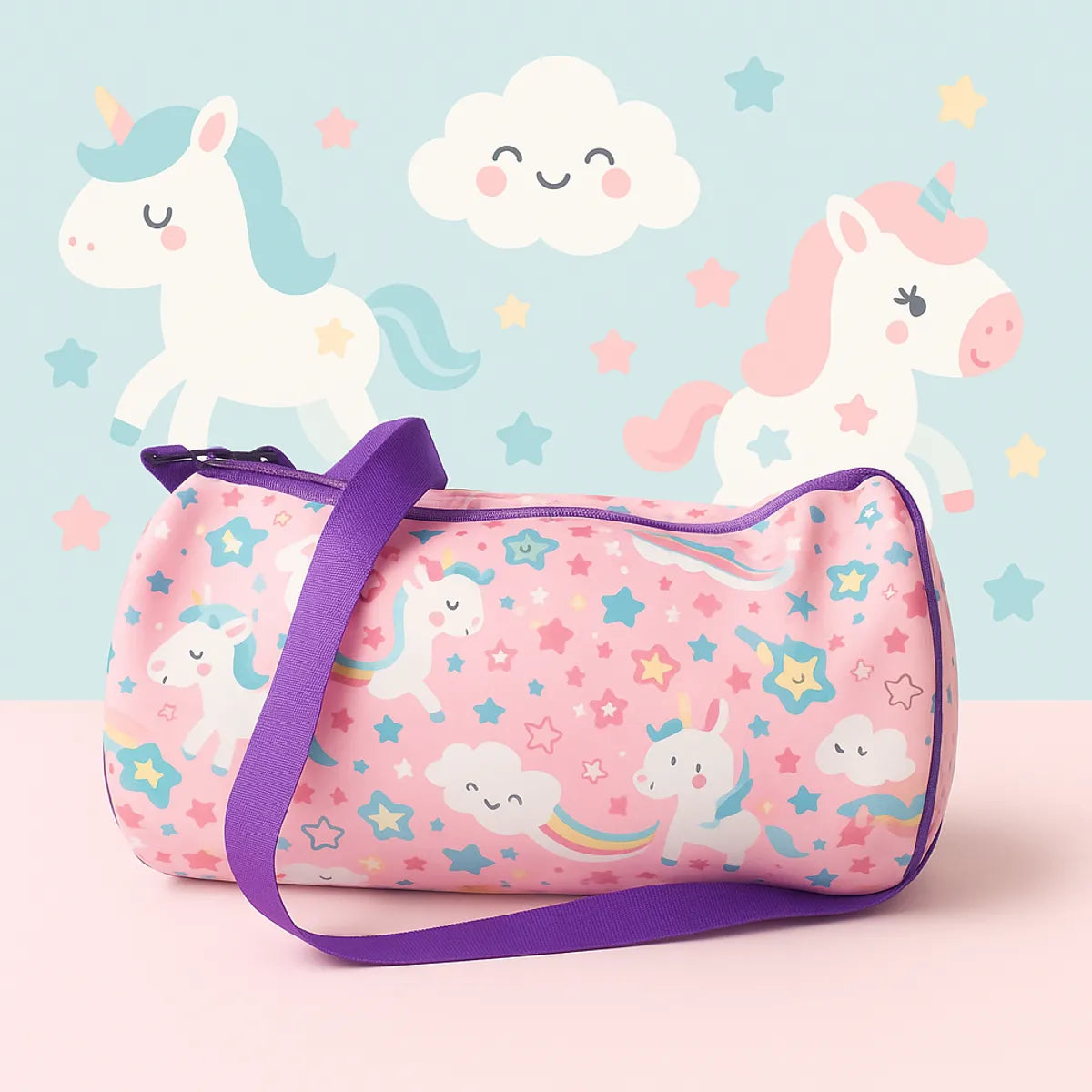 Kids Duffle Bag with Unicorn Pattern, Pink Bag with Stars Rainbow and Unicorn, Purple Adjustable Strap