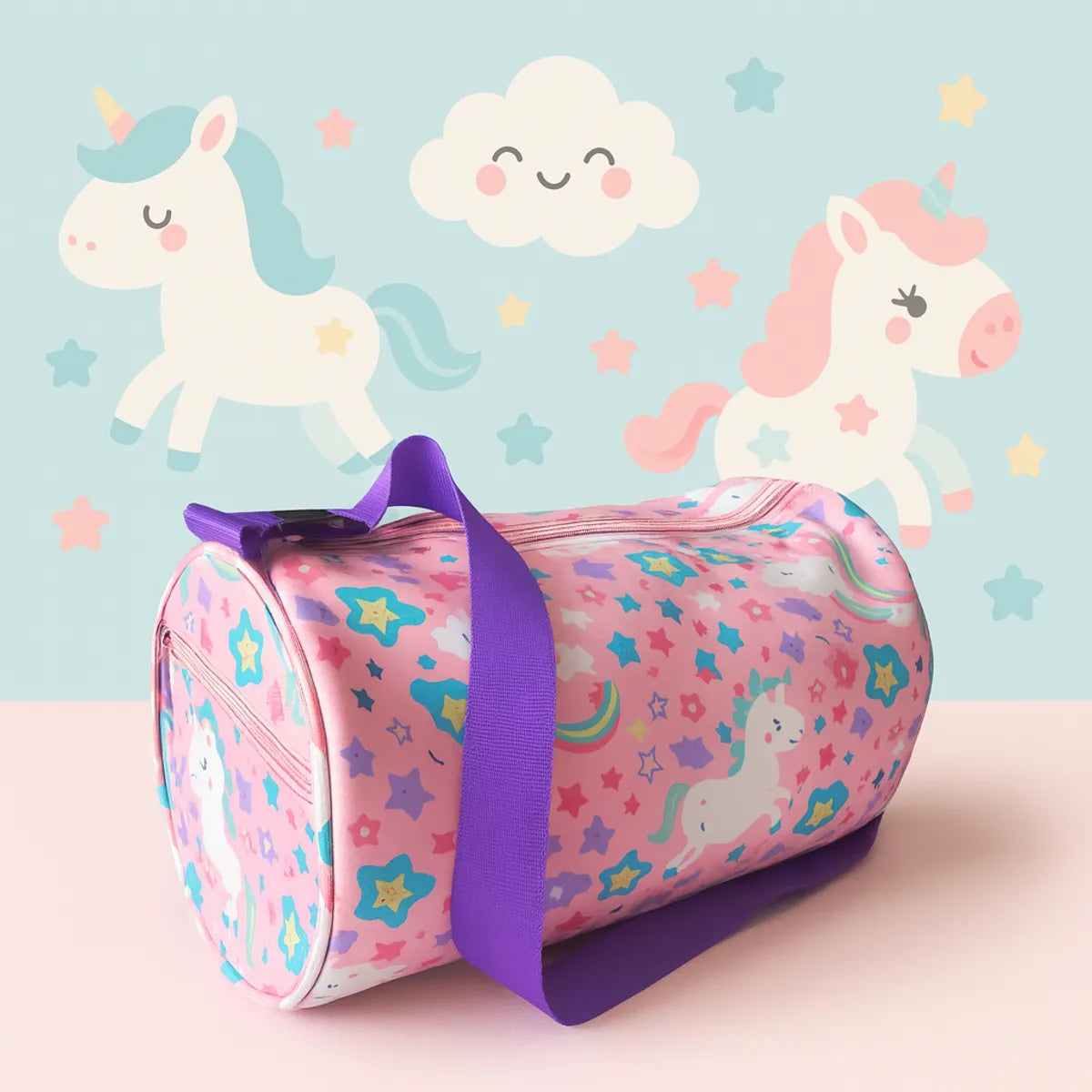 Kids Duffle Bag with Unicorn Pattern, Pink Bag with Stars Rainbow and Unicorn, Purple Adjustable Strap