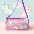 Kids Duffle Bag with Unicorn Pattern, Pink Bag with Stars Rainbow and Unicorn, Purple Adjustable Strap