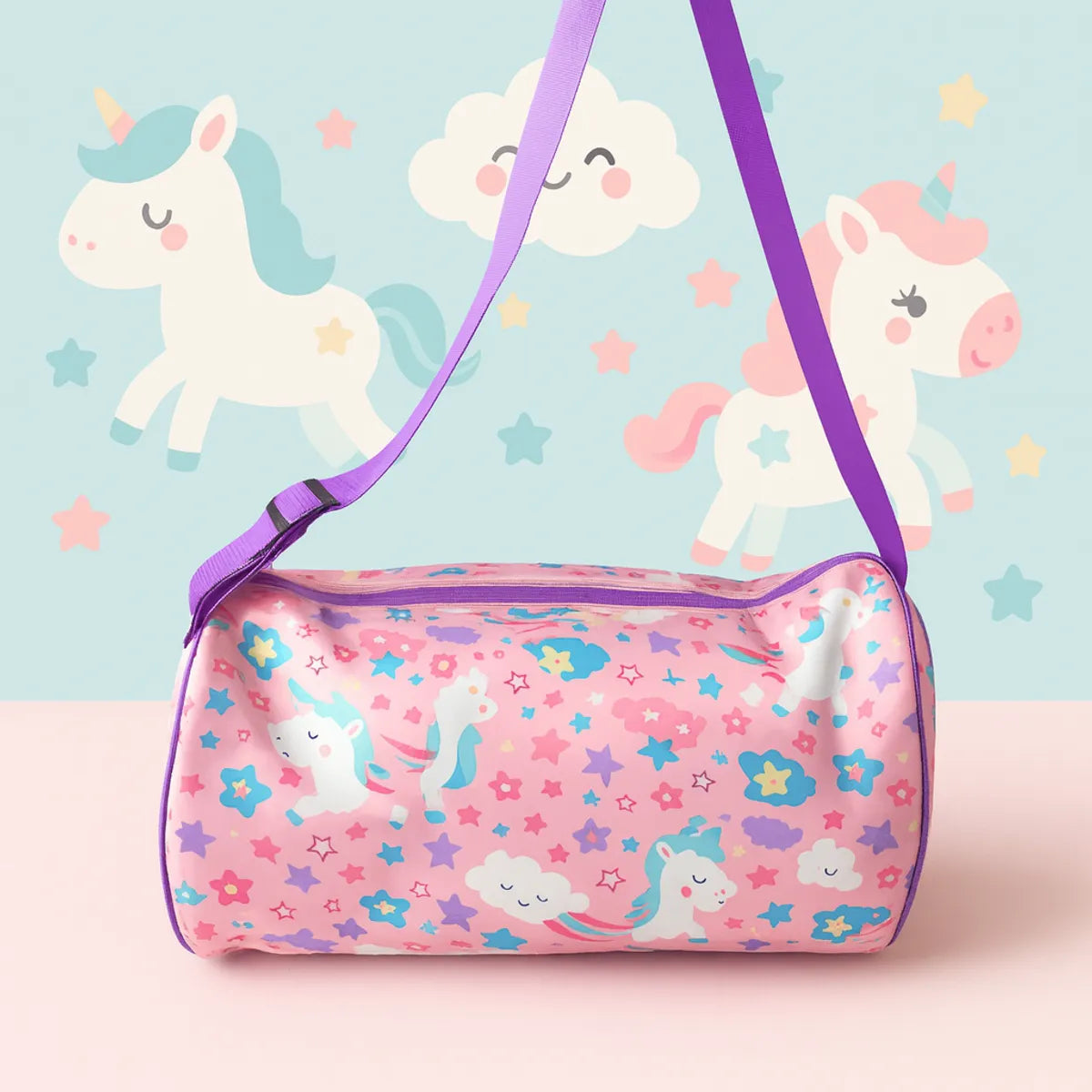 Kids Duffle Bag with Unicorn Pattern, Pink Bag with Stars Rainbow and Unicorn, Purple Adjustable Strap