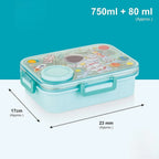 Kids Lunch Box Astronaut Printed with Inner Stainless Steel 3 Compartment 1 Small Container Air-Tight Leakproof BPA Free 750ml+80ml- Blue