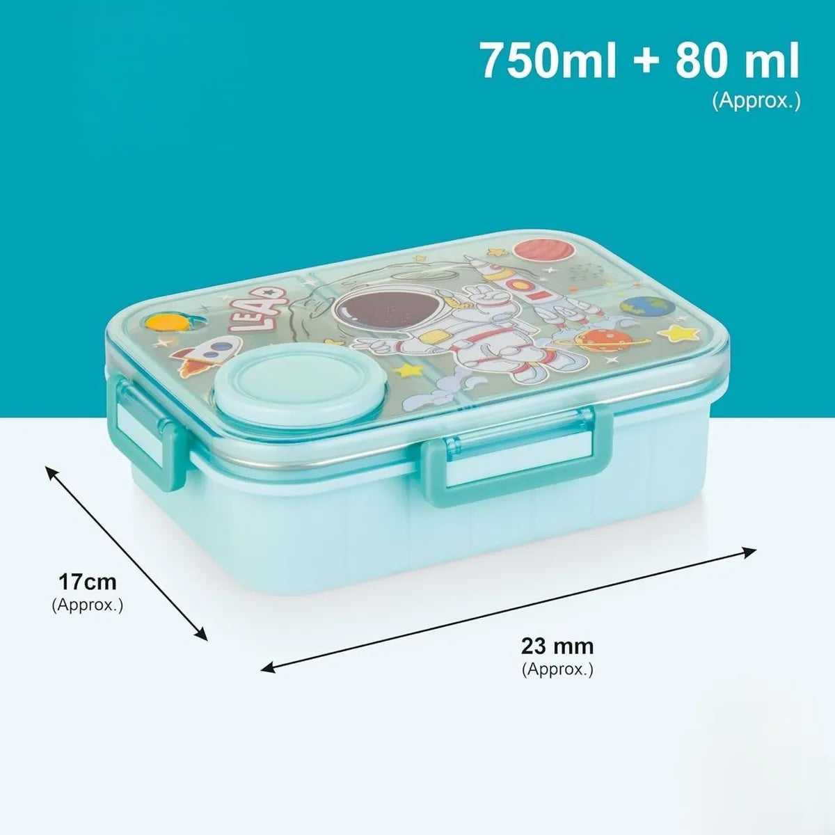 Kids Lunch Box Astronaut Printed with Inner Stainless Steel 3 Compartment 1 Small Container Air-Tight Leakproof BPA Free 750ml+80ml- Blue