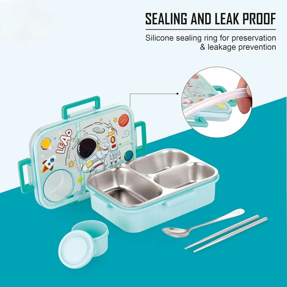 Kids Lunch Box Astronaut Printed with Inner Stainless Steel 3 Compartment 1 Small Container Air-Tight Leakproof BPA Free 750ml+80ml- Blue