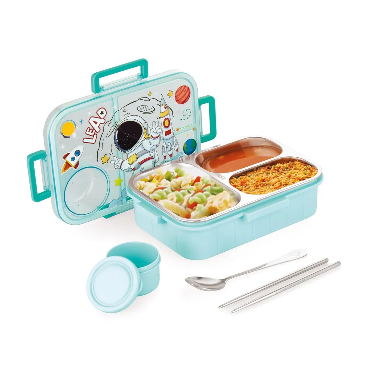 Kids Lunch Box Astronaut Printed with Inner Stainless Steel 3 Compartment 1 Small Container Air-Tight Leakproof BPA Free 750ml+80ml- Blue