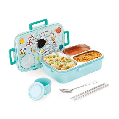 Kids Lunch Box Astronaut Printed with Inner Stainless Steel 3 Compartment 1 Small Container Air-Tight Leakproof BPA Free 750ml+80ml- Blue