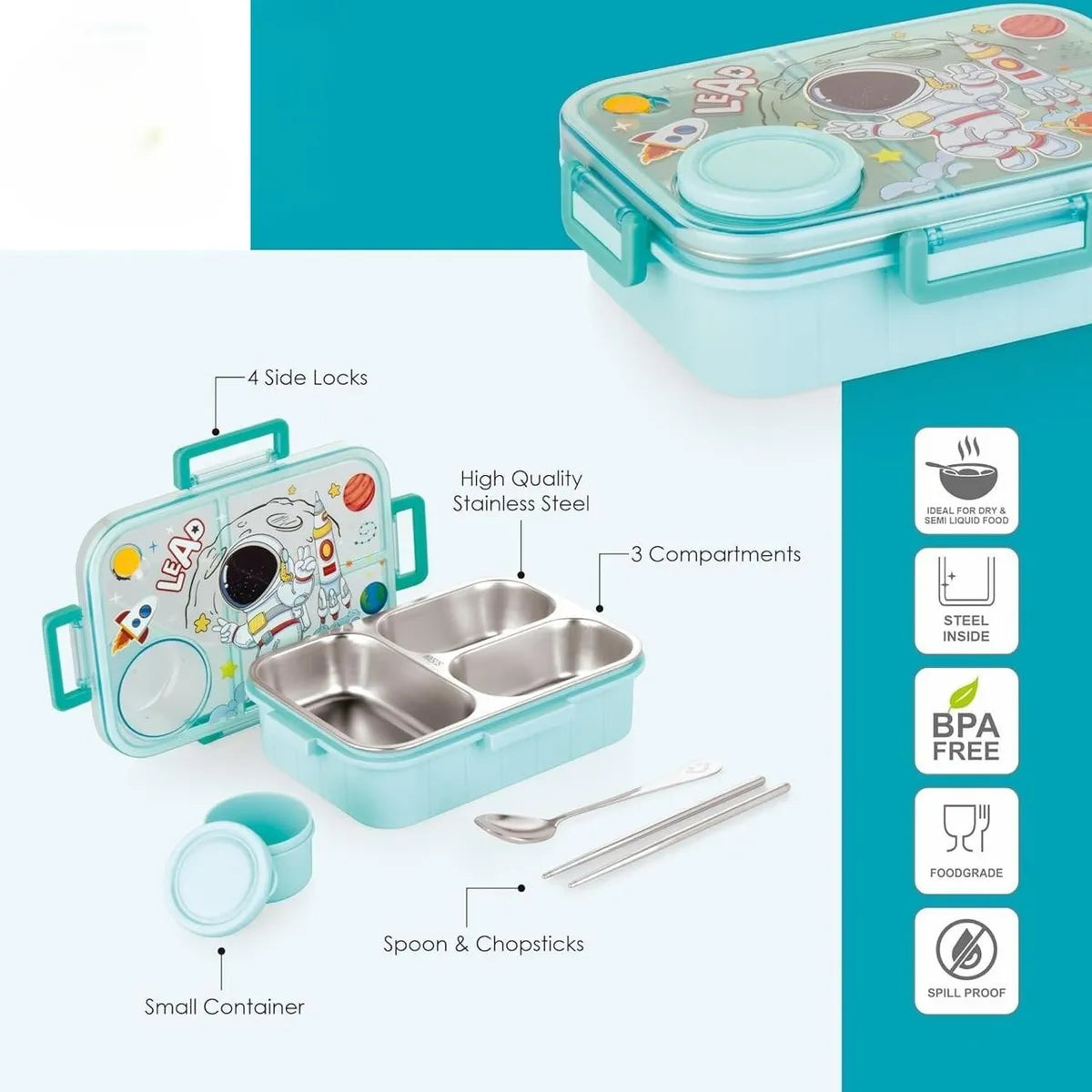 Kids Lunch Box Astronaut Printed with Inner Stainless Steel 3 Compartment 1 Small Container Air-Tight Leakproof BPA Free 750ml+80ml- Blue