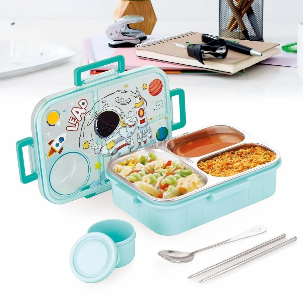 Kids Lunch Box Astronaut Printed with Inner Stainless Steel 3 Compartment 1 Small Container Air-Tight Leakproof BPA Free 750ml+80ml- Blue