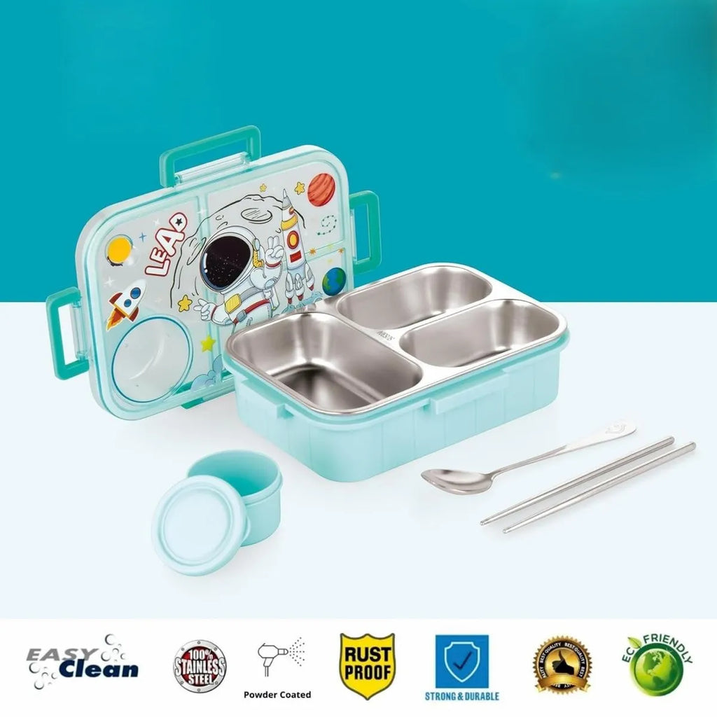 Kids Lunch Box Astronaut Printed with Inner Stainless Steel 3 Compartment 1 Small Container Air-Tight Leakproof BPA Free 750ml+80ml- Blue