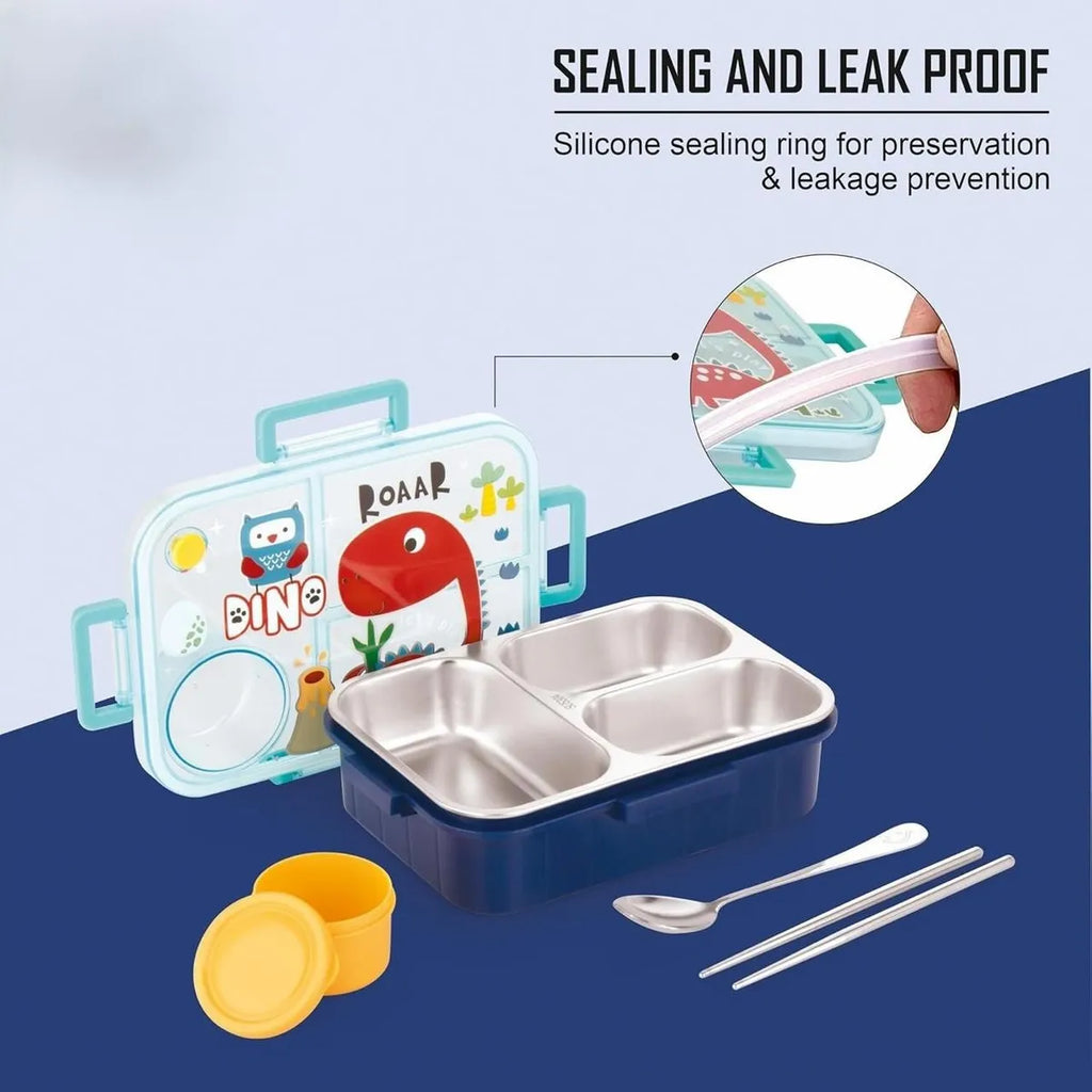 Kids Lunch Box Dino Printed With Inner Stainless Steel 3 Compartment 1 Small Container Air Tight Leak Proof BPA Free 750ml+80ml- Blue