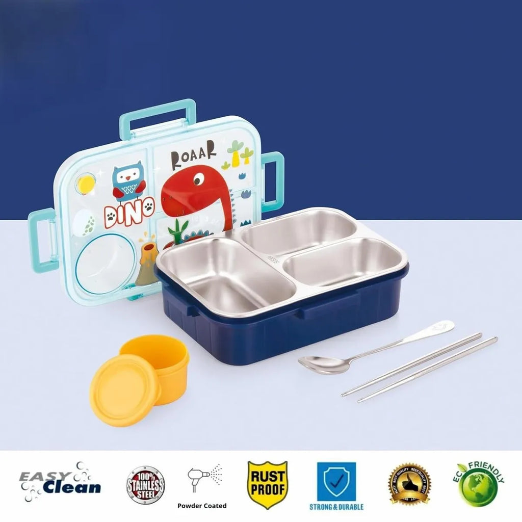 Kids Lunch Box Dino Printed With Inner Stainless Steel 3 Compartment 1 Small Container Air Tight Leak Proof BPA Free 750ml+80ml- Blue