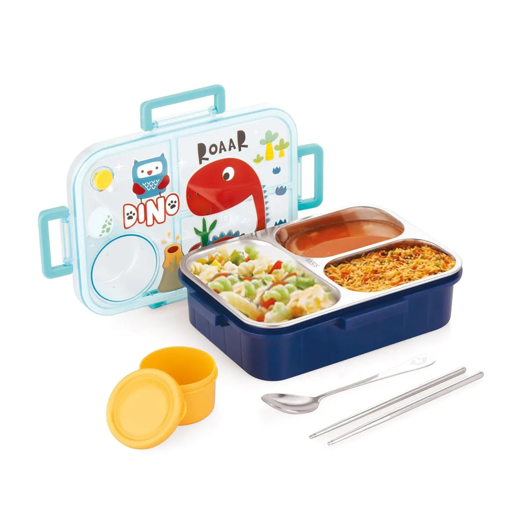 Kids Lunch Box Dino Printed With Inner Stainless Steel 3 Compartment 1 Small Container Air Tight Leak Proof BPA Free 750ml+80ml- Blue