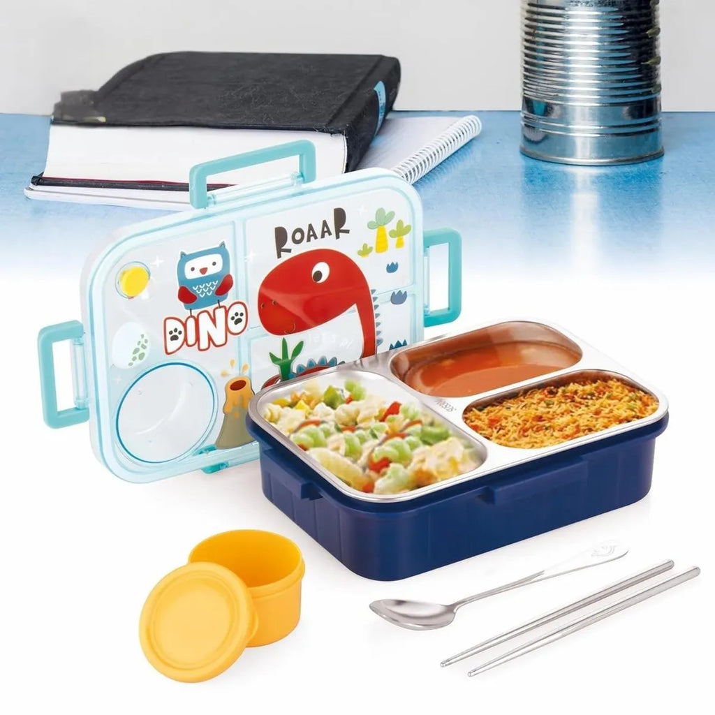 Kids Lunch Box Dino Printed With Inner Stainless Steel 3 Compartment 1 Small Container Air Tight Leak Proof BPA Free 750ml+80ml- Blue