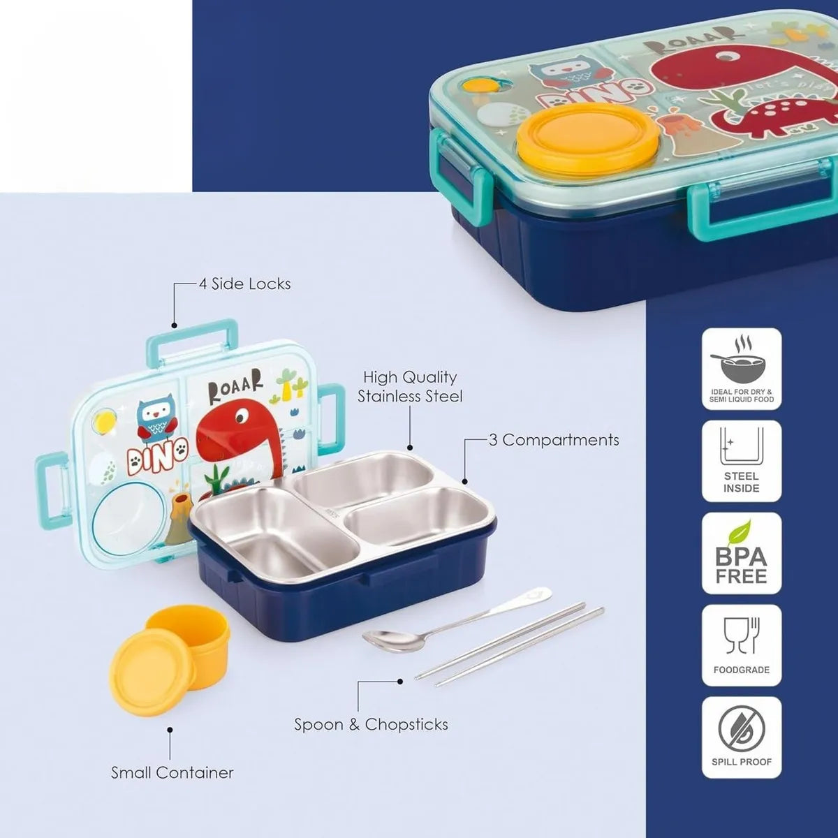Kids Lunch Box Dino Printed With Inner Stainless Steel 3 Compartment 1 Small Container Air Tight Leak Proof BPA Free 750ml+80ml- Blue