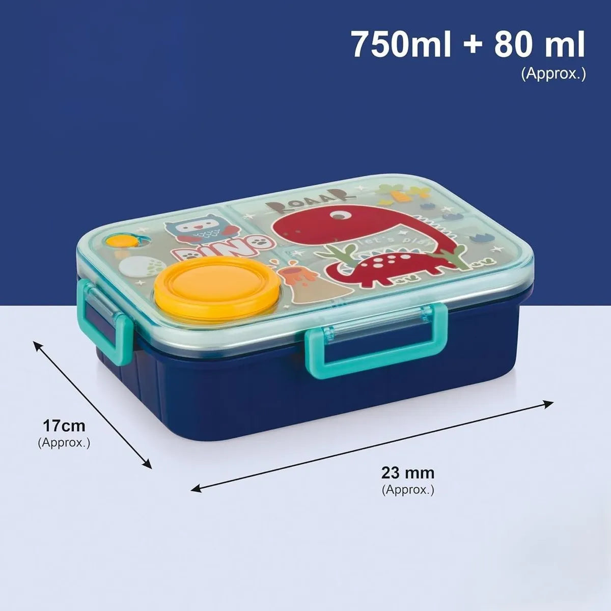 Kids Lunch Box Dino Printed With Inner Stainless Steel 3 Compartment 1 Small Container Air Tight Leak Proof BPA Free 750ml+80ml- Blue