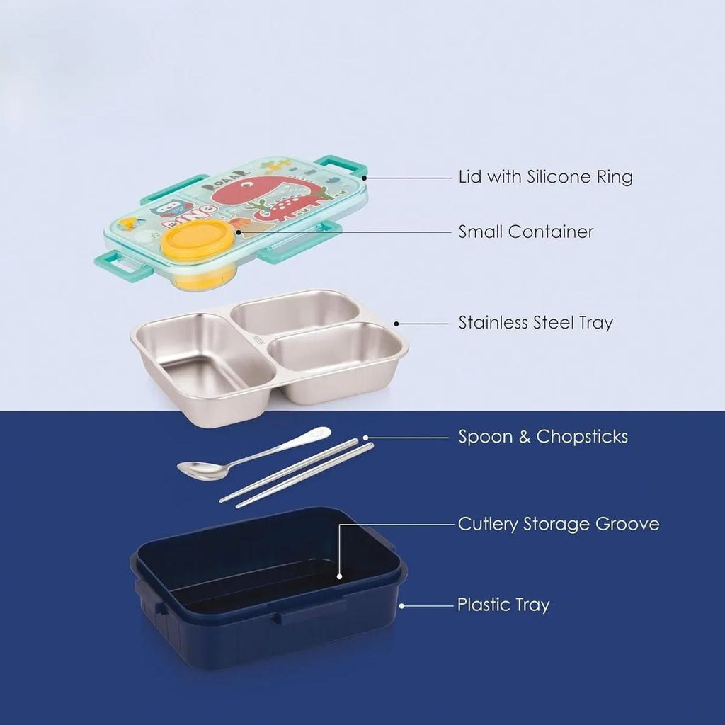 Kids Lunch Box Dino Printed With Inner Stainless Steel 3 Compartment 1 Small Container Air Tight Leak Proof BPA Free 750ml+80ml- Blue