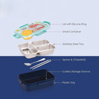 Kids Lunch Box Dino Printed With Inner Stainless Steel 3 Compartment 1 Small Container Air Tight Leak Proof BPA Free 750ml+80ml- Blue