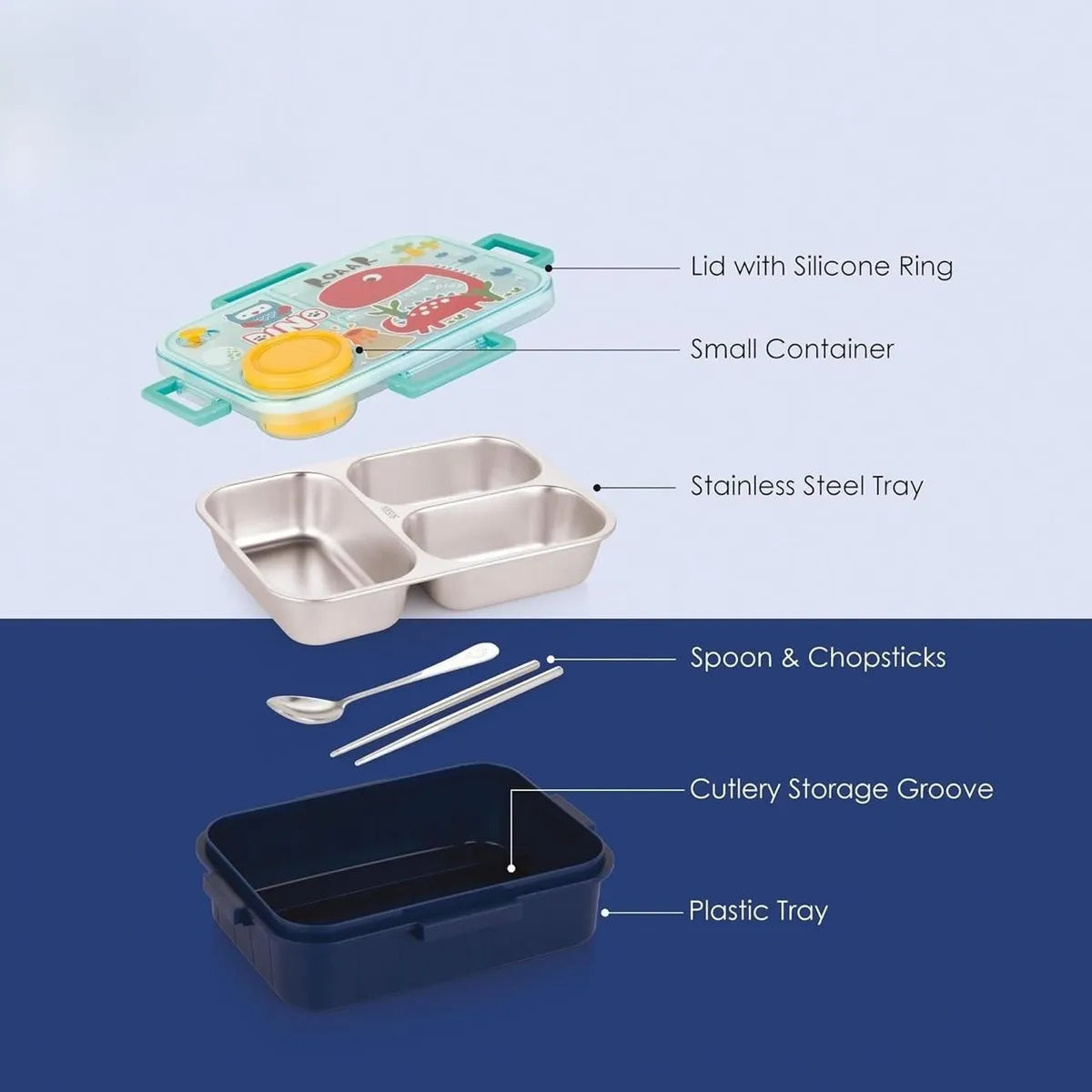 Kids Lunch Box Dino Printed With Inner Stainless Steel 3 Compartment 1 Small Container Air Tight Leak Proof BPA Free 750ml+80ml- Blue