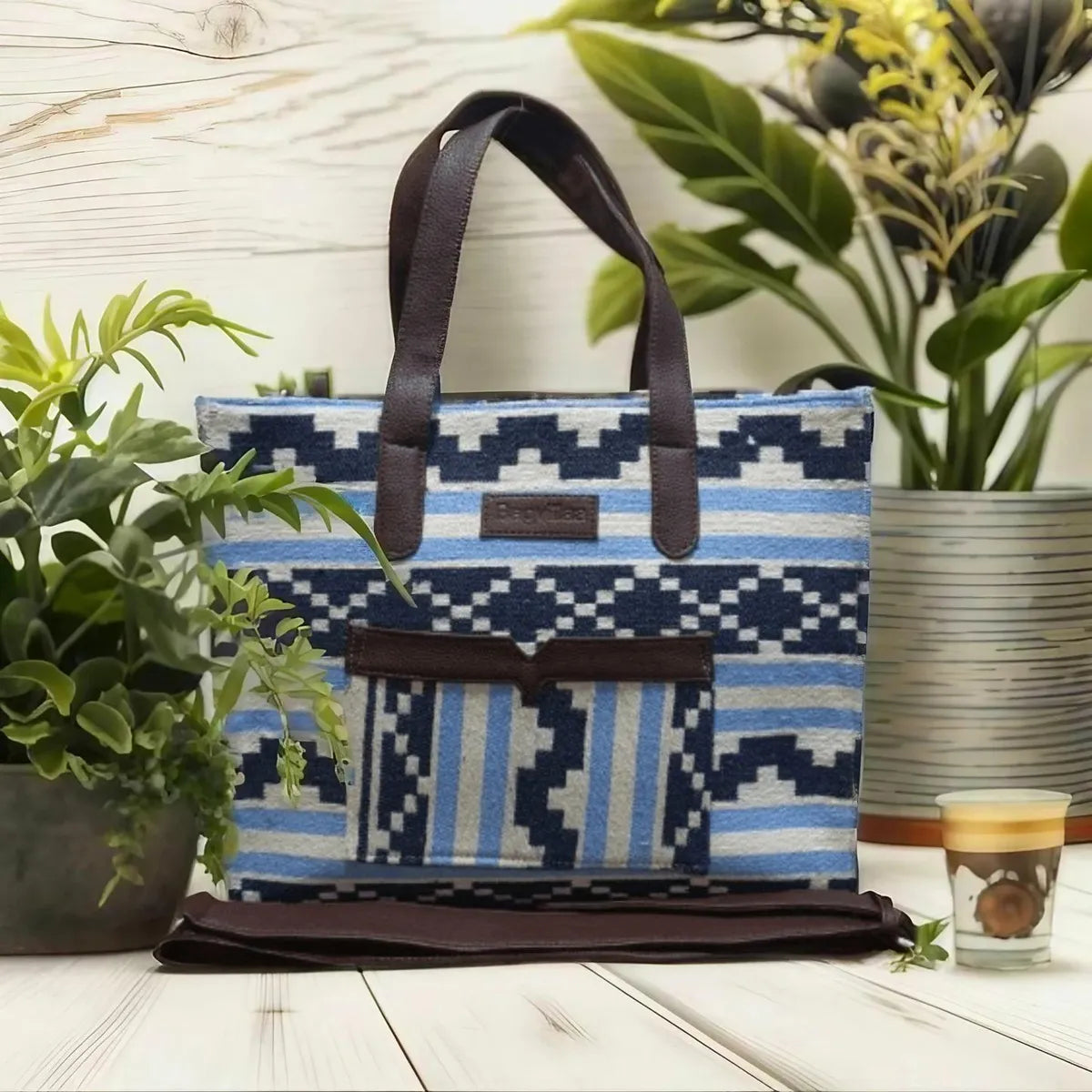 Blue Stripe Geometric Hand Bag For Women