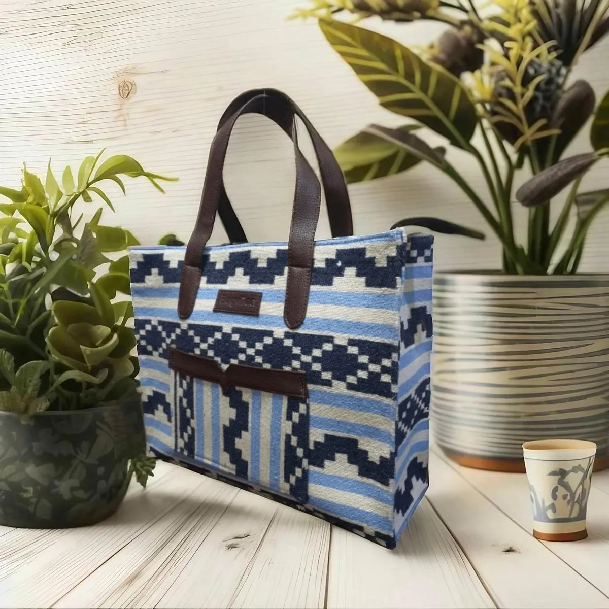Blue Stripe Geometric Hand Bag For Women