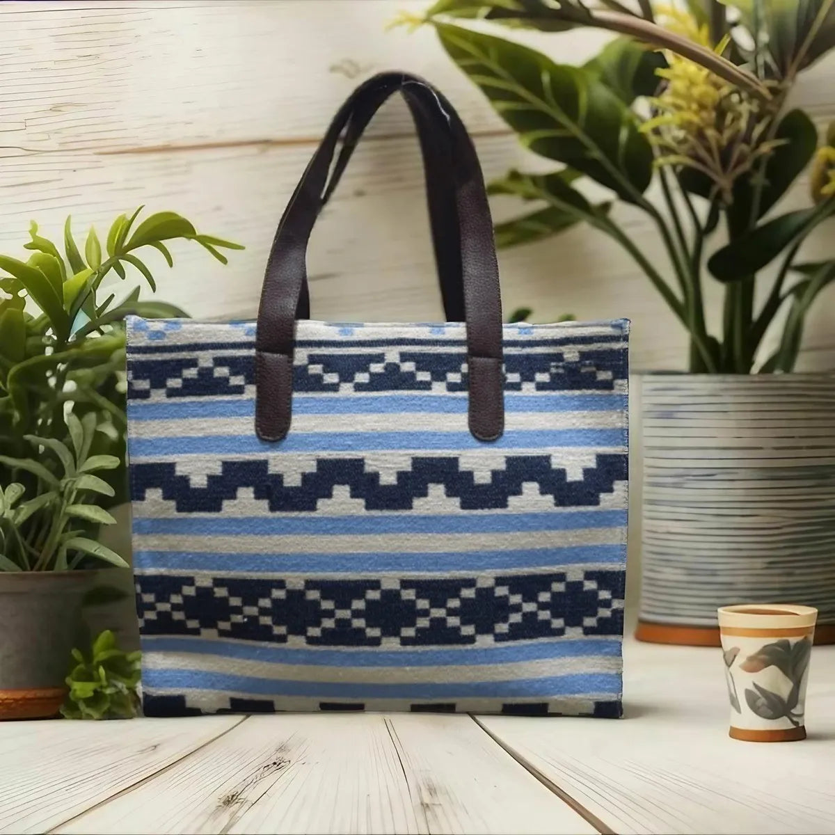 Blue Stripe Geometric Hand Bag For Women