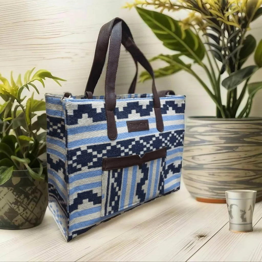 Blue Stripe Geometric Hand Bag For Women