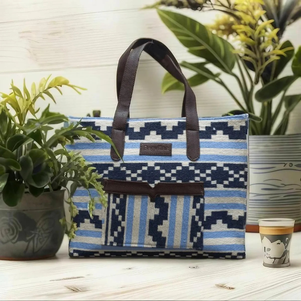 Blue Stripe Geometric Hand Bag For Women