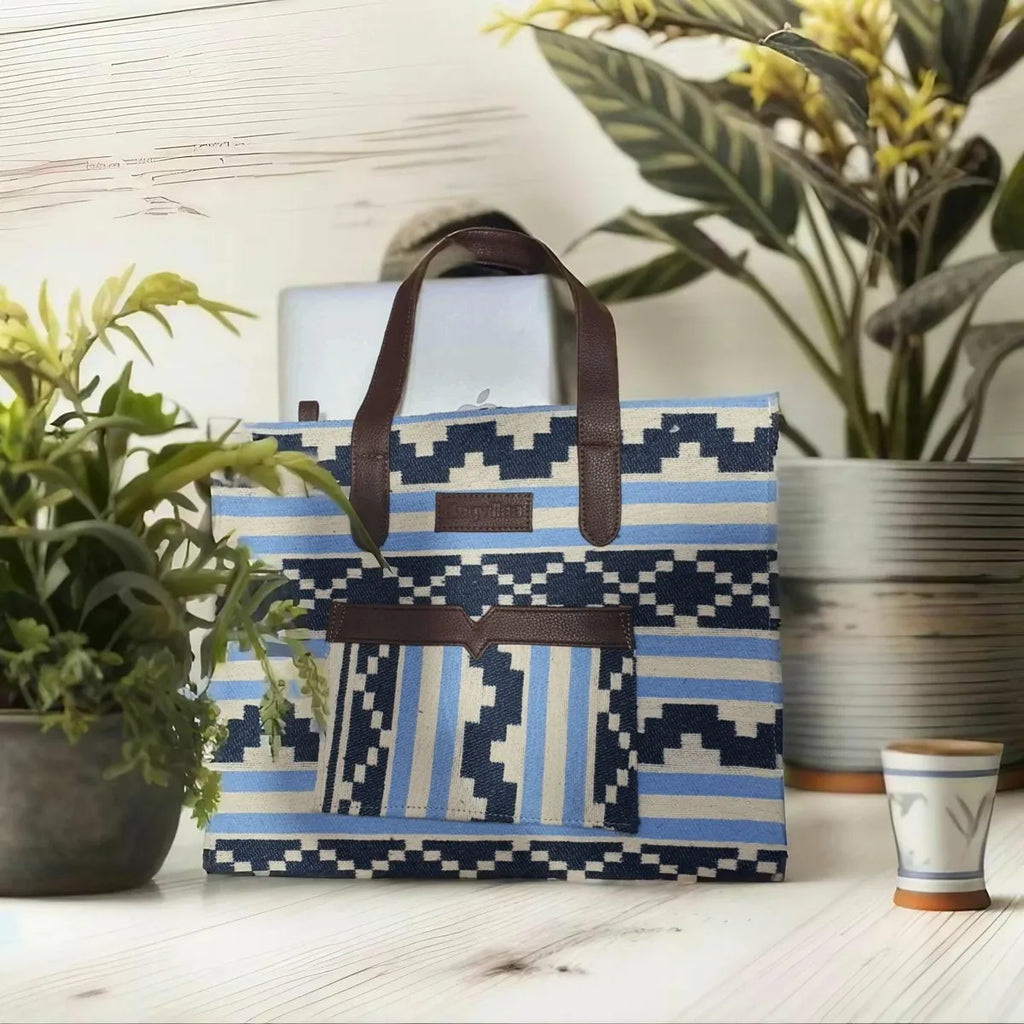 Blue Stripe Geometric Hand Bag For Women