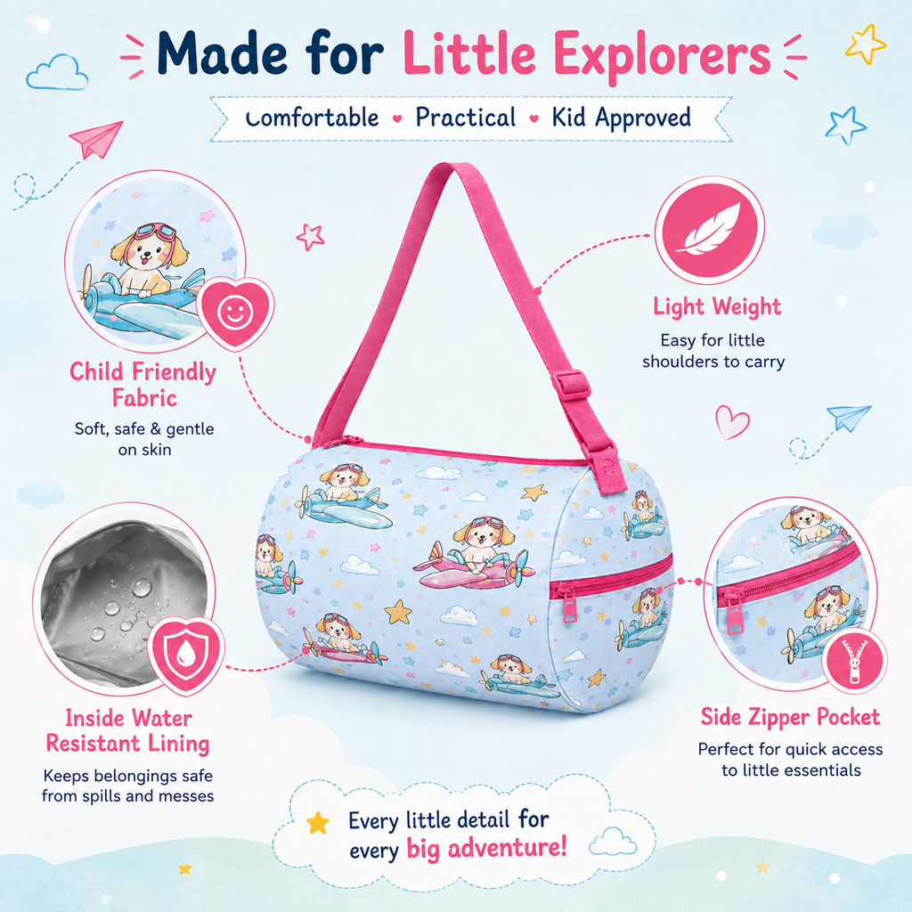 Kids Duffel Bag Light Blue with Puppy Airplane Print — image 3