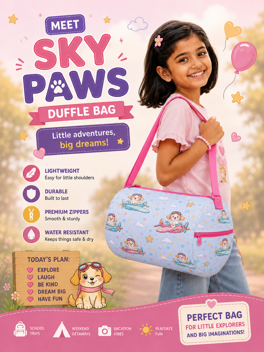 Kids Duffel Bag Light Blue with Puppy Airplane Print — image 4