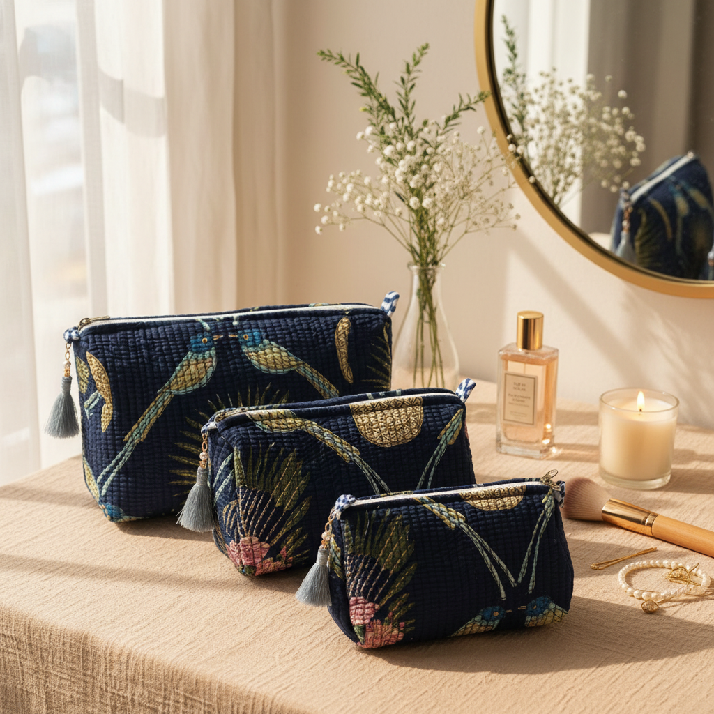 Midnight Aviary Quilted Makeup Pouch Set — image 2