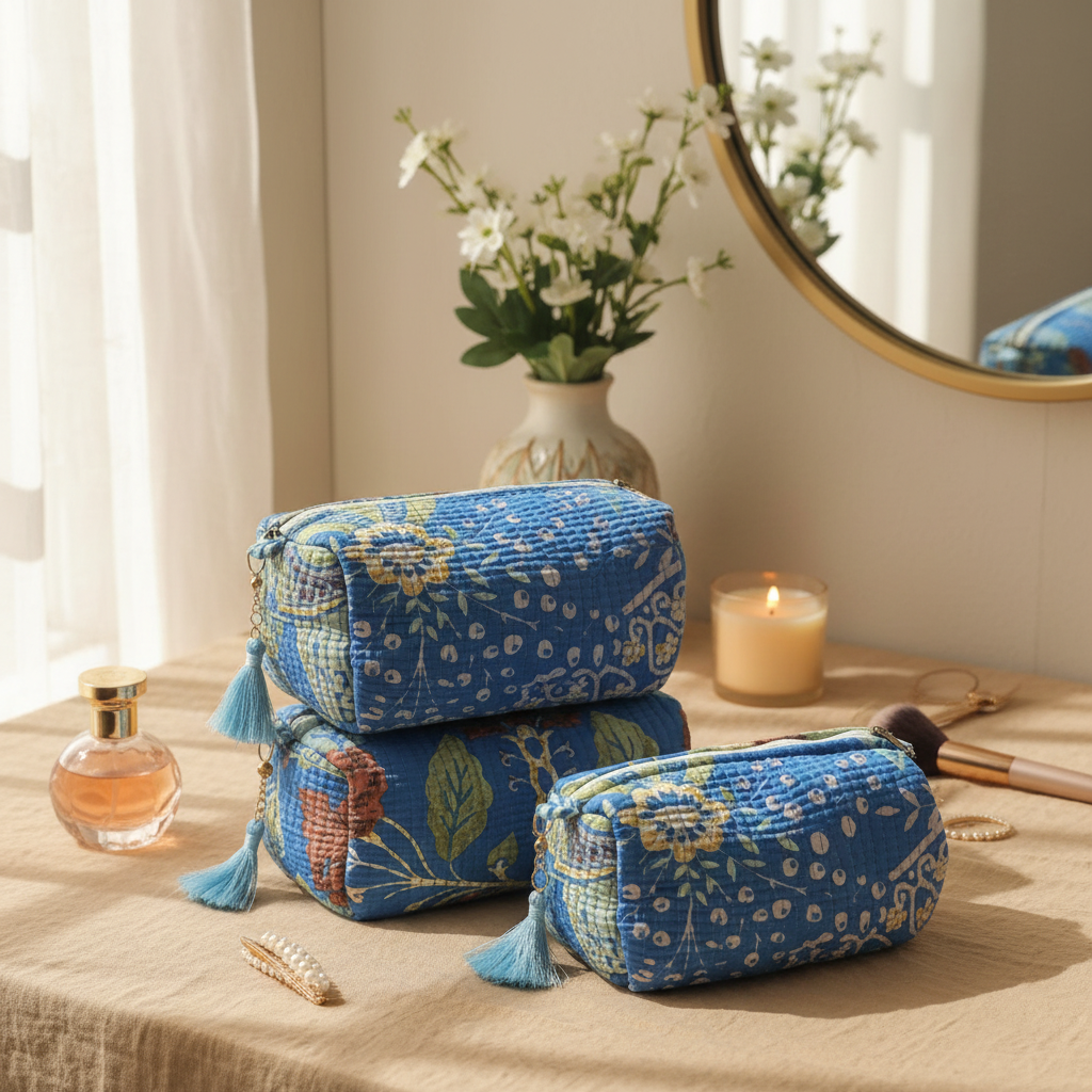 Azure Garden Quilted Makeup Pouch Set — image 3