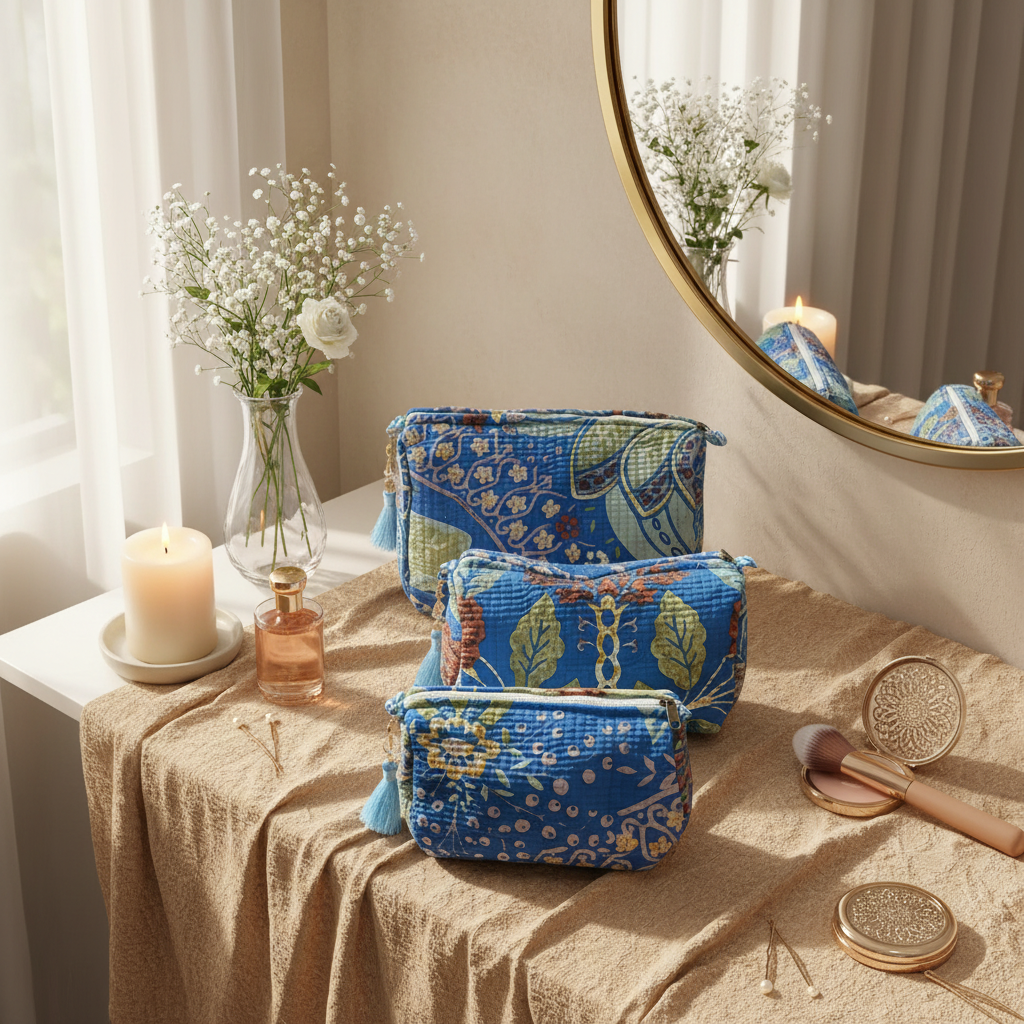 Azure Garden Quilted Makeup Pouch Set — image 4