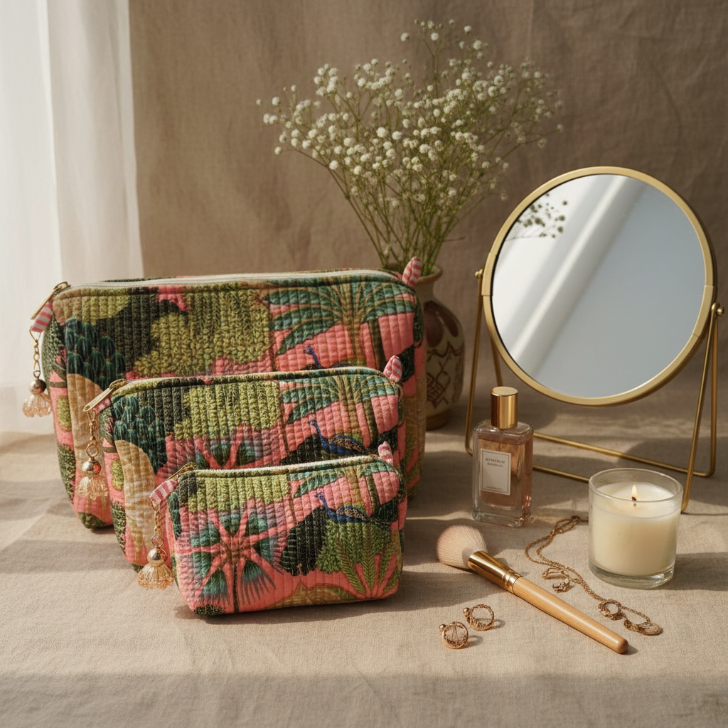 Blush Tropica Quilted Makeup Pouch Set — image 2