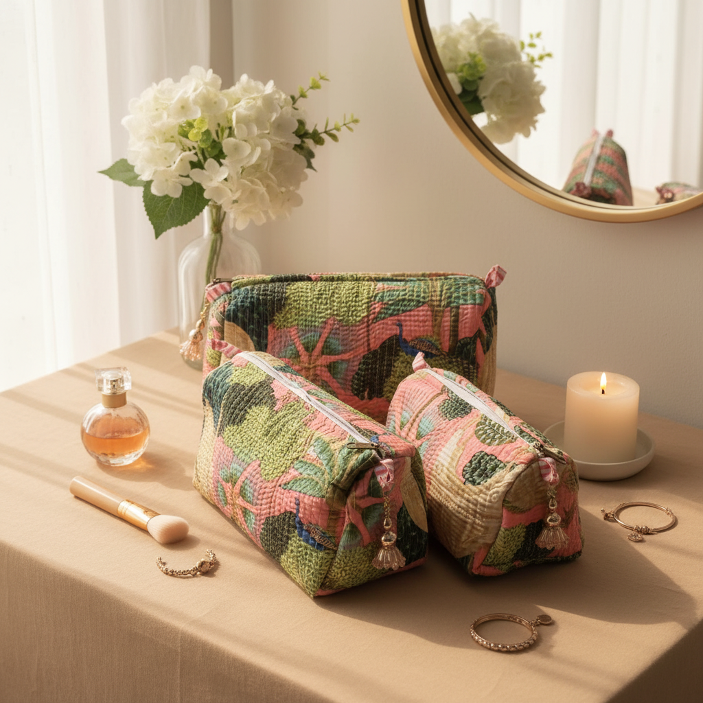 Blush Tropica Quilted Makeup Pouch Set — image 3
