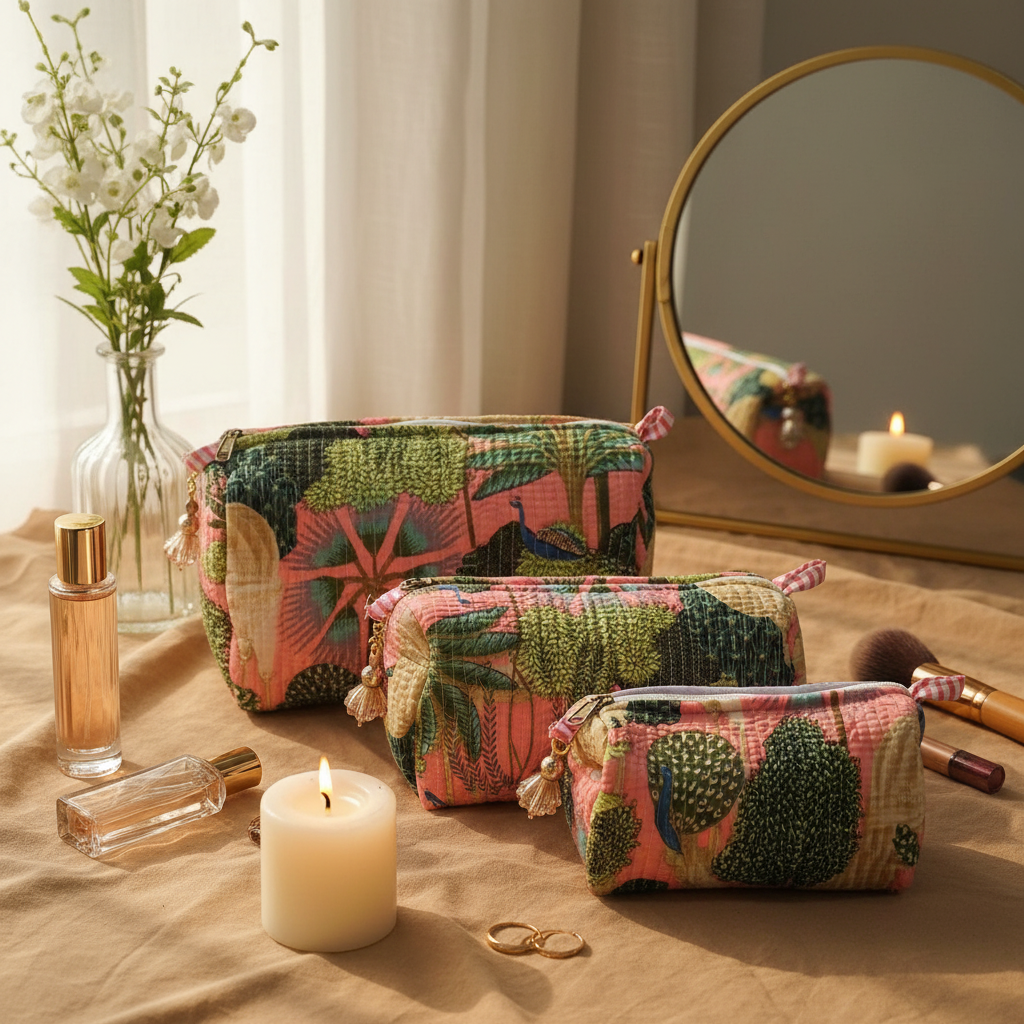 Blush Tropica Quilted Makeup Pouch Set — image 4
