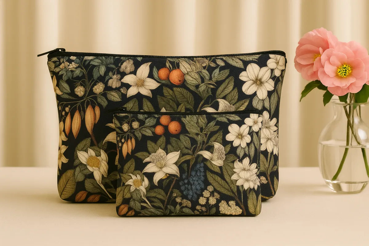 Vintage Floral Makeup Bags Set, 2 Piece Cosmetic Pouches with Orange Citrus Print, Black Background, 24 cm x 19 cm and 18 cm x 13 cm