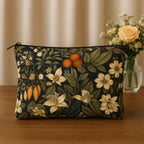 Vintage Floral Makeup Bags Set, 2 Piece Cosmetic Pouches with Orange Citrus Print, Black Background, 24 cm x 19 cm and 18 cm x 13 cm