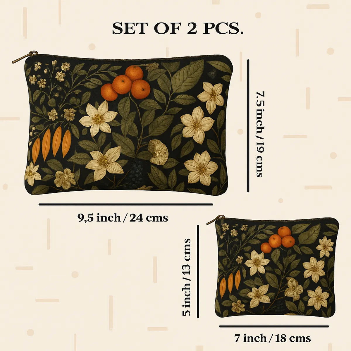 Vintage Floral Makeup Bags Set, 2 Piece Cosmetic Pouches with Orange Citrus Print, Black Background, 24 cm x 19 cm and 18 cm x 13 cm