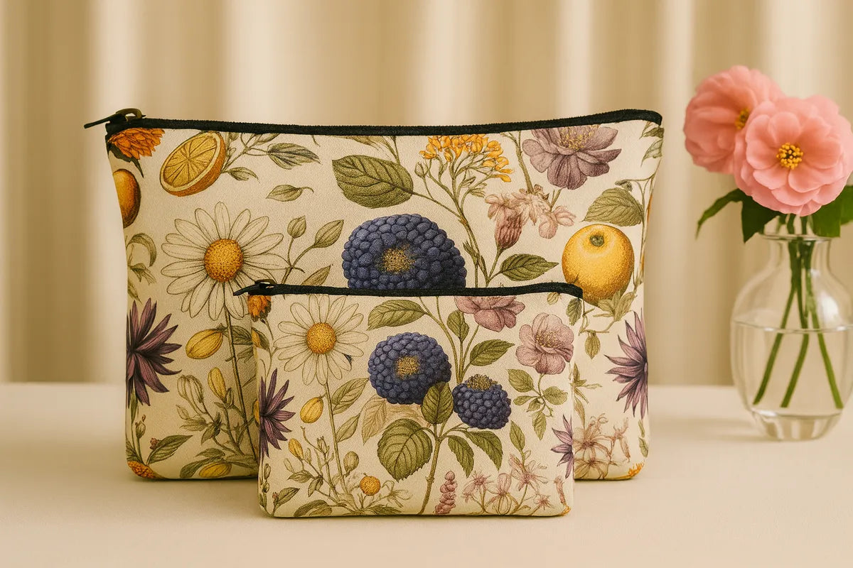 Vintage Floral Makeup Bags Set, 2 Piece Travel Toiletry Pouches with Zipper, Large 24 cm and Small 18 cm, Botanical Print Design