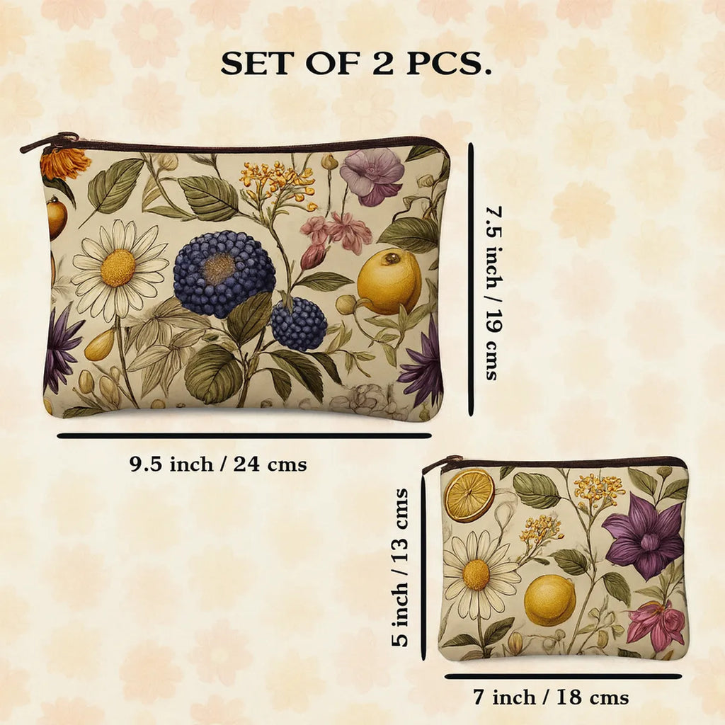 Vintage Floral Makeup Bags Set, 2 Piece Travel Toiletry Pouches with Zipper, Large 24 cm and Small 18 cm, Botanical Print Design
