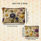 Vintage Floral Makeup Bags Set, 2 Piece Travel Toiletry Pouches with Zipper, Large 24 cm and Small 18 cm, Botanical Print Design