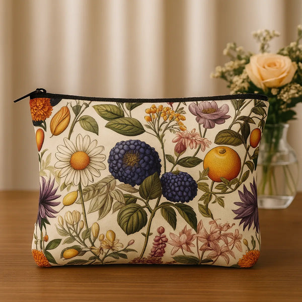Vintage Floral Makeup Bags Set, 2 Piece Travel Toiletry Pouches with Zipper, Large 24 cm and Small 18 cm, Botanical Print Design