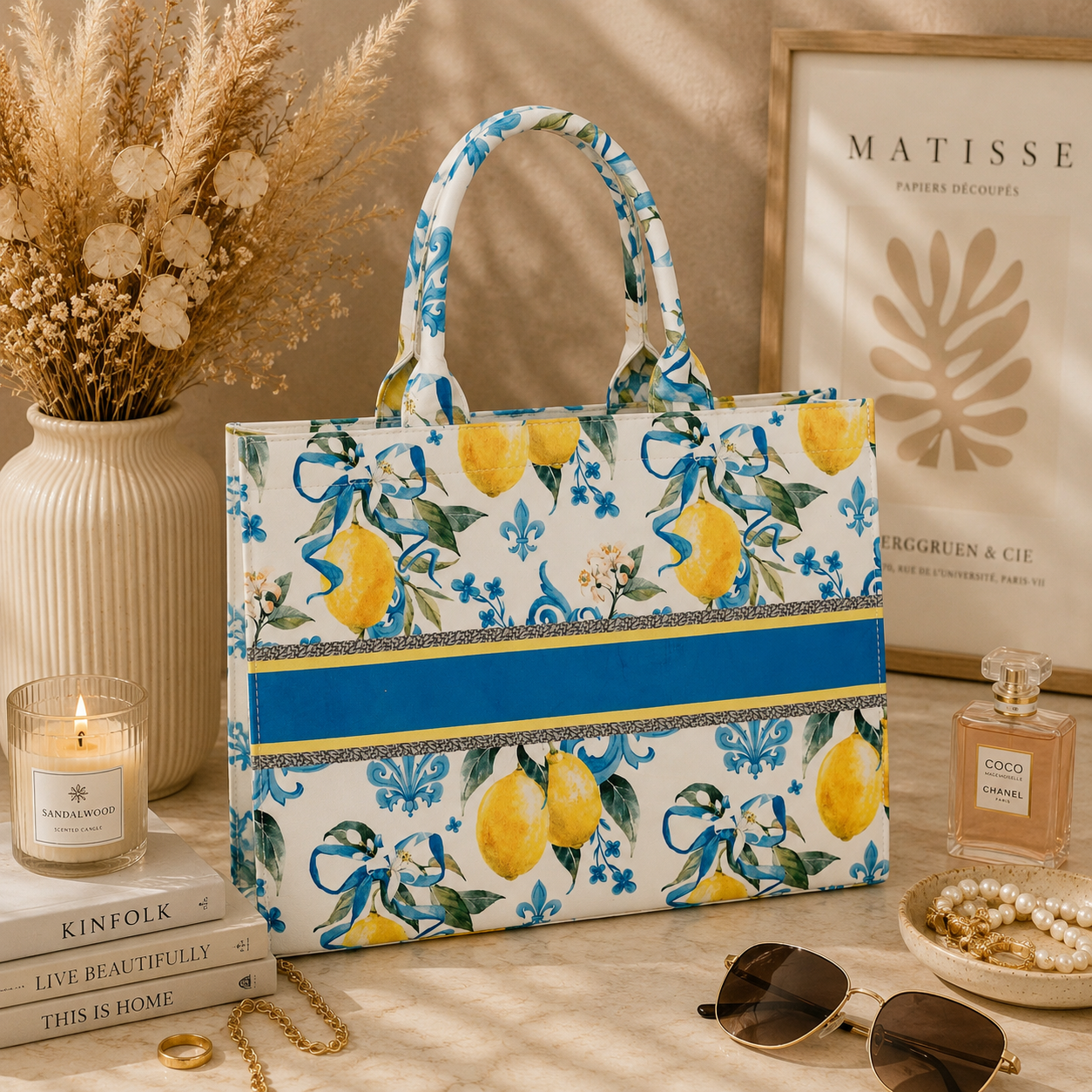 Yellow And Blue Lemon Print Customize Hand Bag For Women — image 4